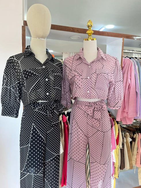 Hi-so Polka Dote Collar Crop Shirt With Fitted Pants